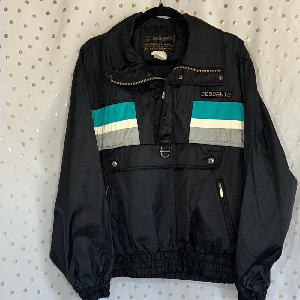 Descente Black Jacket with Teal and Gray Stripes